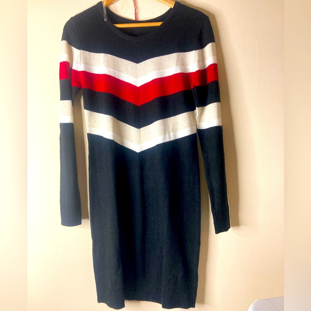 BCX Chevron pullover Dress Black and white,Red,Glitter Tan,Black stripes round.